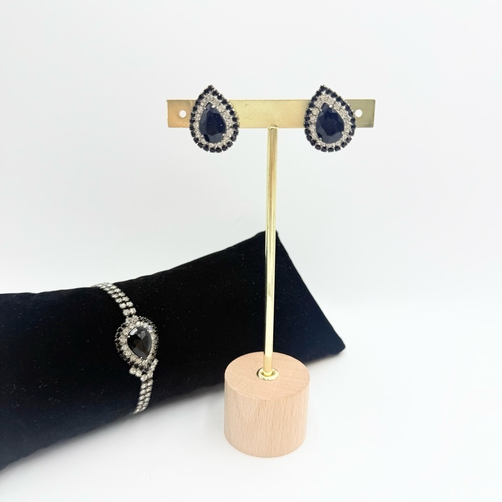 Vintage Art Deco Black and Clear Rhinestones Teardrop Bracelet and Earrings Sets